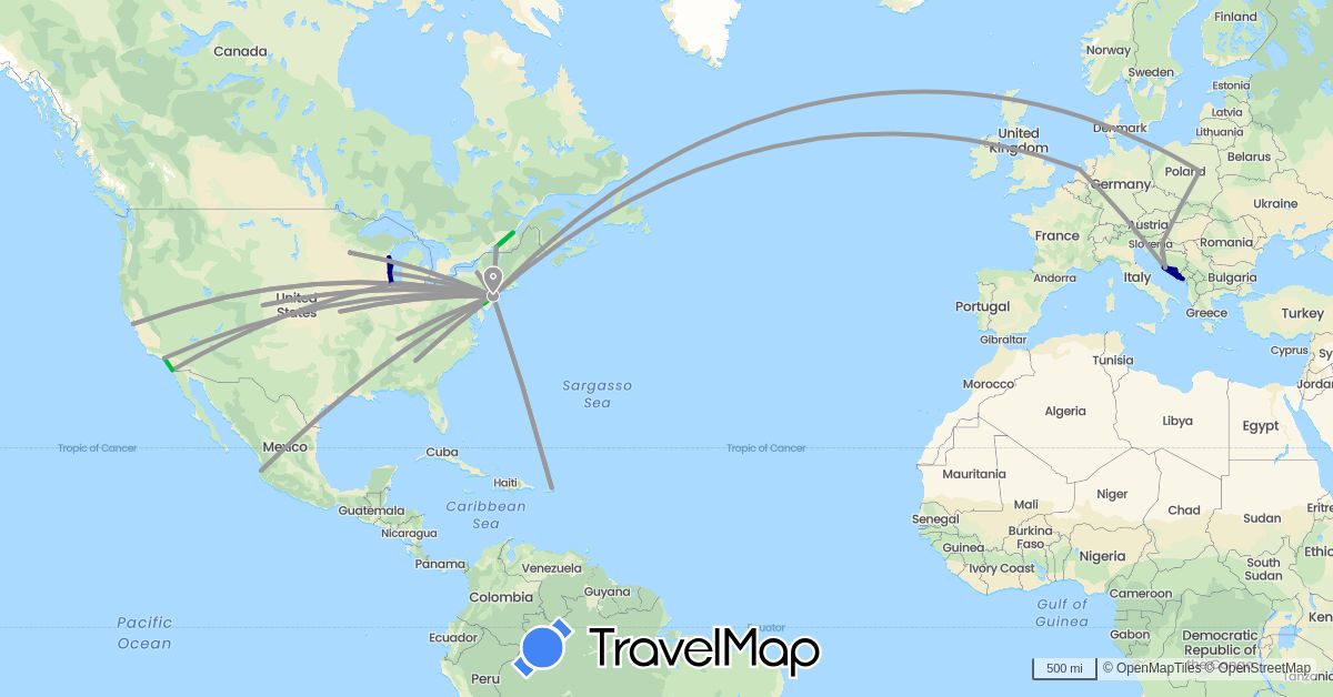 TravelMap itinerary: driving, bus, plane, train in Bosnia and Herzegovina, Canada, Croatia, Montenegro, Mexico, Netherlands, Poland, United States (Europe, North America)